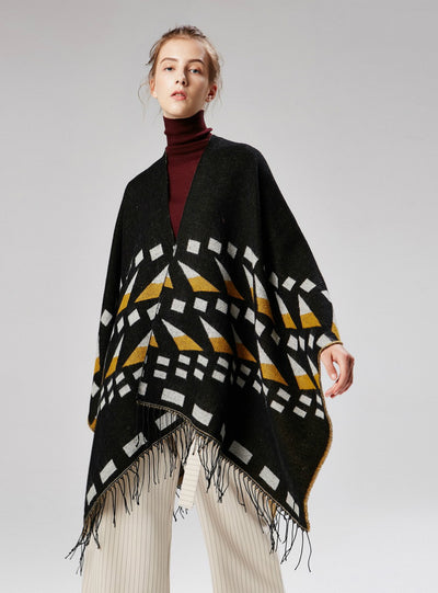 Triangular Small Square Jacquard Tassel Split Cloak