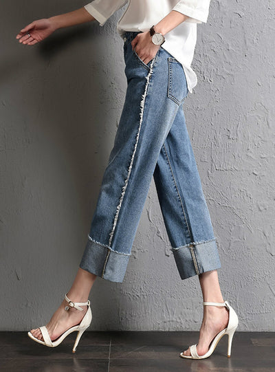 Side Striped Ankle Capris Jeans Wide Leg Pants 