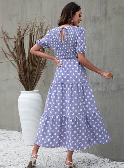 Round Neck Bubble Sleeve Polka Dot Print Dress