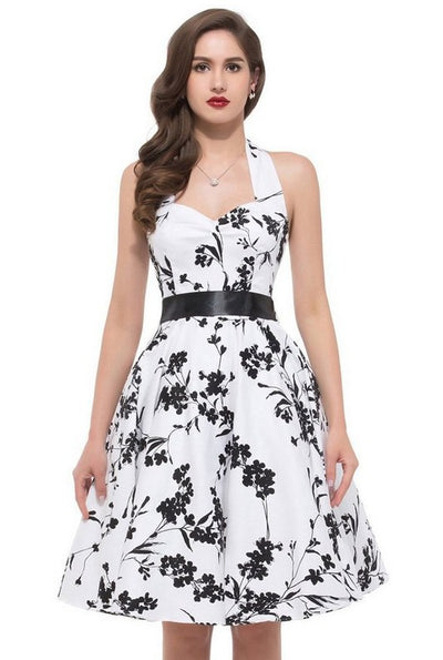 White Sleeveless Print Halter Dress