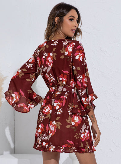 Women's V-neck Print Belt Flounce Dress