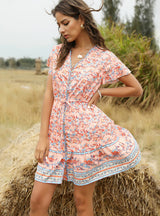 Fashion Floral Short Sleeve Split-Joint Bohemian Short Dress