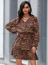 Leopard Print Long Sleeve Flounce Cake Dress