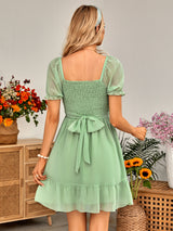 V Neck Solid Color Waist Short Sleeve Dress