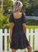 Floral Short-sleeved Square Collar Dress