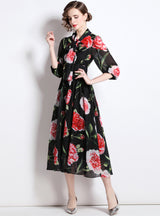 Rose Lantern Sleeve Slim Chiffon Dress
