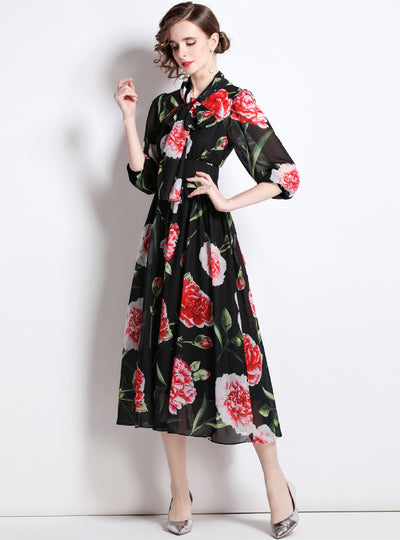 Rose Lantern Sleeve Slim Chiffon Dress