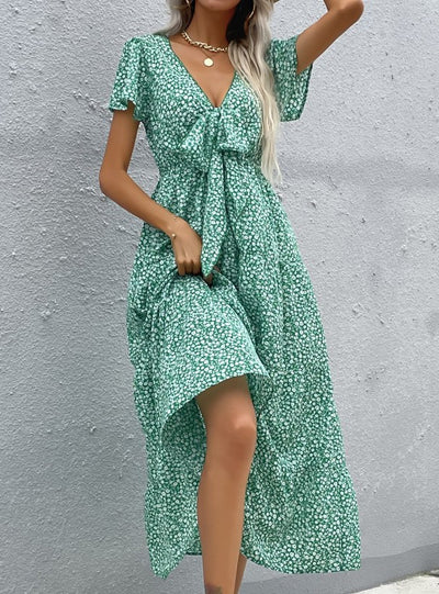 Lotus Leaf Bow V-neck Floral Dress
