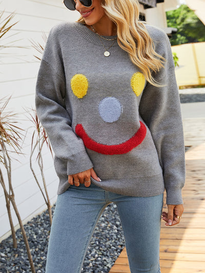 Smiling Face Knitted Loose Round Neck Pullover Sweater