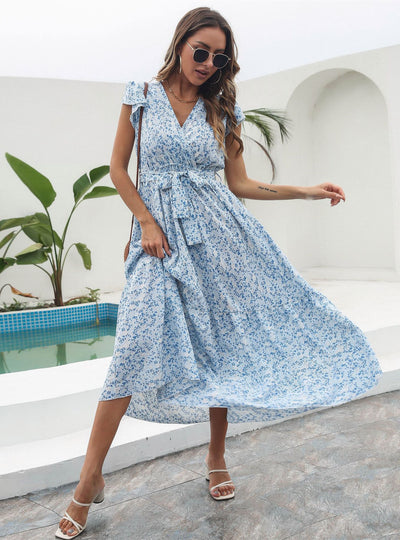 Floral V-neck Short Sleeve Printed Chiffon Dress