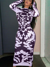 Printed Slim Backless Long Sleeve Dress