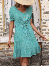 Floral Pleated Knotted V-neck Print Dress