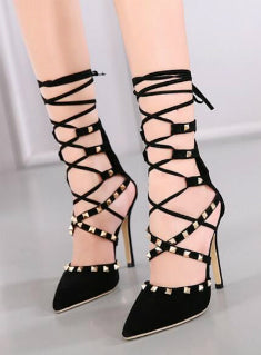 Hollow Cross Lace Up Rivets Stiletto High Heels 