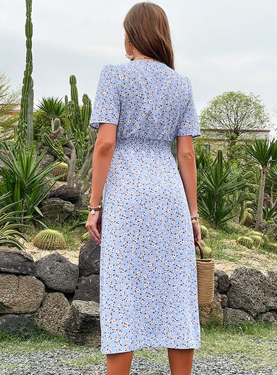 French Split V-neck Short Sleeve Floral Dress
