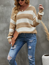 Loose Stitching V-neck Striped Sweater