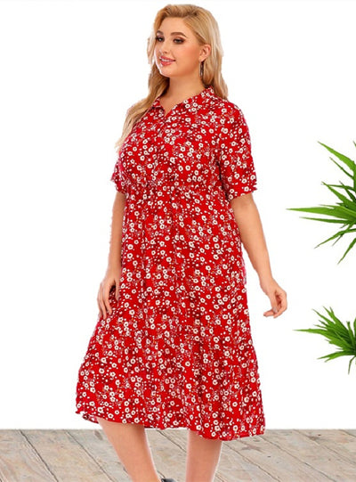 Large Size Short Sleeve Shirt Collar Printed Dress