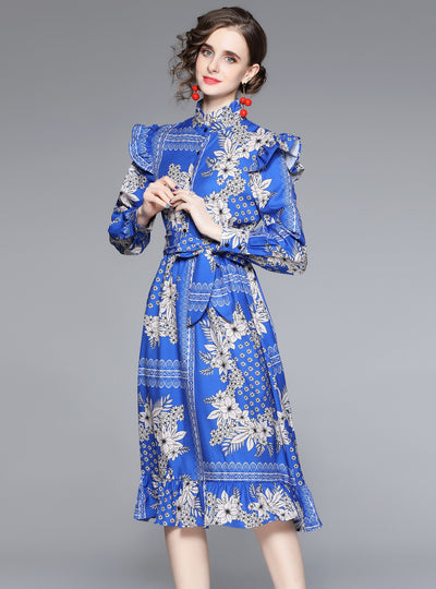 Collar Waist Print Ruffled Dress