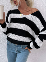 V-neck Striped Stitching Waffle Sweater