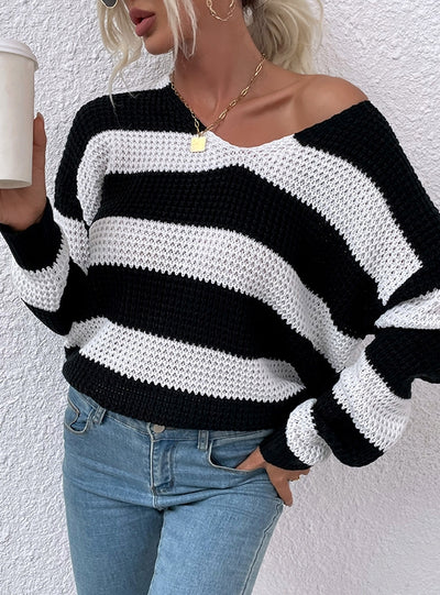 V-neck Striped Stitching Waffle Sweater