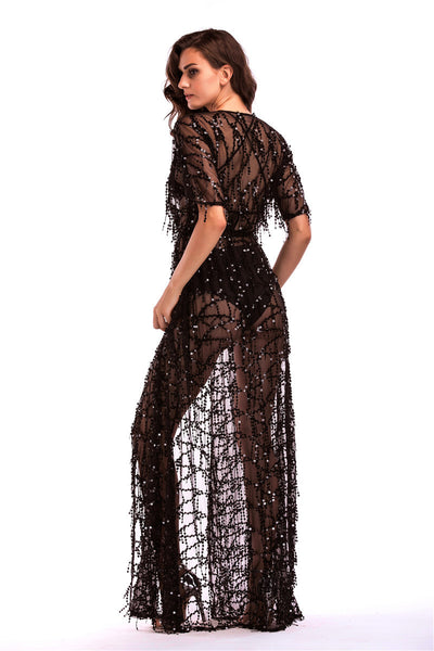 Sexy Perspective Sequin Short Sleeve Long Dress