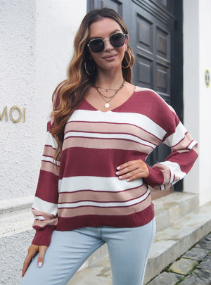 Striped Gradient V-neck Long Sleeve Sweater