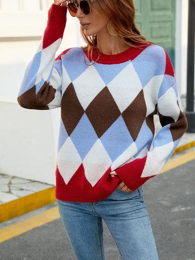 Pullover Diamond Pattern Contrast Sweater
