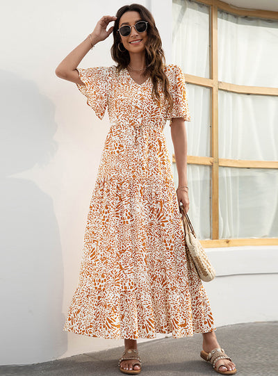 V-neck Fashion Printed Flounce Dress