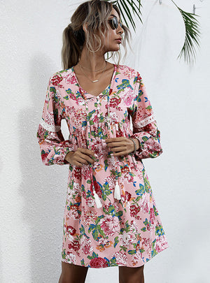 Pullover V-neck Printed Long Sleeve Dress