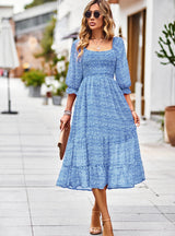 Bohemian Square Neck Long Sleeve Dress