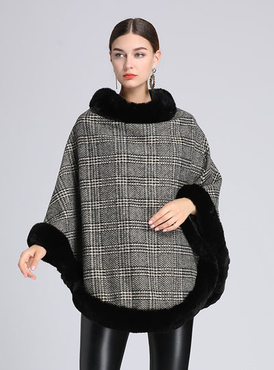 Rex Rabbit Fur Collar Shawl Cape Loose Cloak