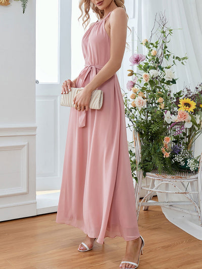 Pink Chiffon Halter Sleeveless Dress