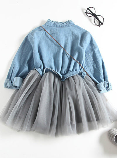 Denim Mesh Patchwork Girl Dress Long Sleeve