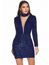 Retro Long-sleeved High Neck Sequined Dress