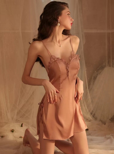 V Deep Sexy Ice Silk Split Sexy Pajamas