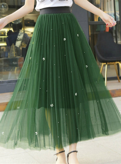 High Waist Mesh Midi Skirts Women Beading Slim 