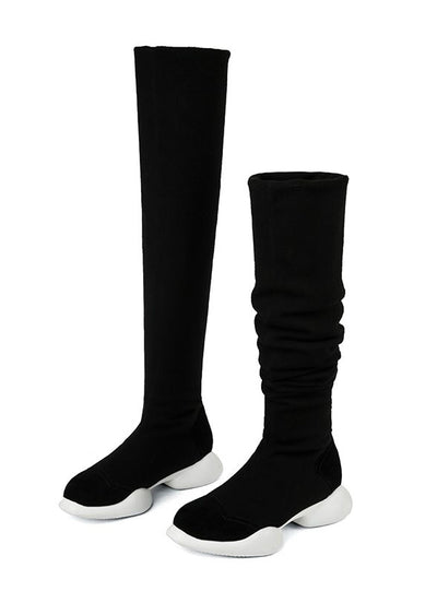 Genuine Leather+Stretch Fabrics Elastic Boots 