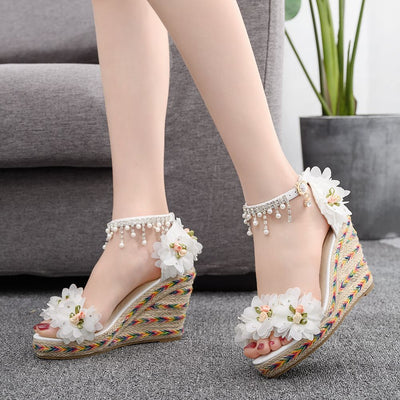 Flower Beaded Fishmouth Wedge Sandals