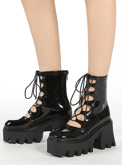 Women Leather Back Zipper Hollow Thick-soled Booties