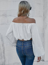 White Lantern Sleeve Solid Color Long Sleeve Shirt