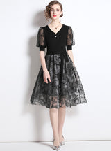 Lantern Stitching Gauze Sequined Dress