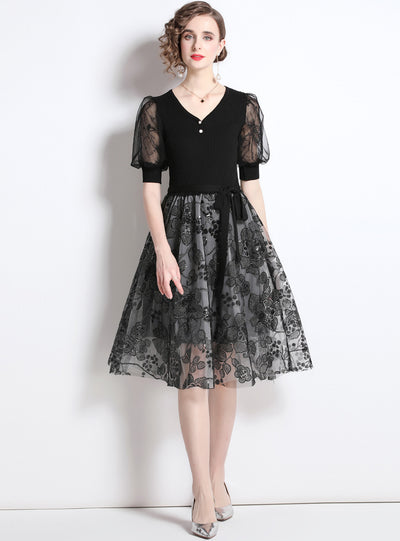 Lantern Stitching Gauze Sequined Dress