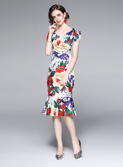 Summer Short Sleeve Hip Slim Print Dress