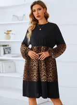 Round Neck Leopard Print Stitching Long Sleeve Dress