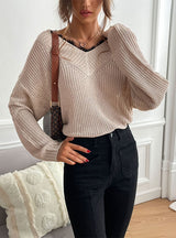 Spliced Lace Pullover V-neck Sweater