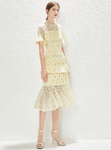 Lace Ruffled Hollow Short Sleeves Dress