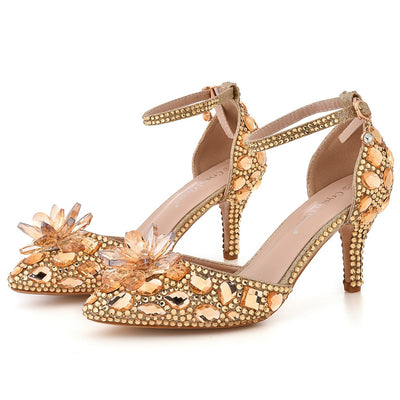 7 cm Stiletto Pointed Crystal Glass Flower Sandals
