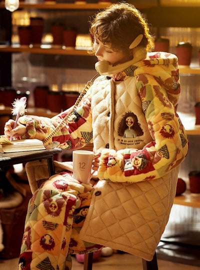 Three-layer Cotton Padded Warm Coral Fleece Two-piece Suit