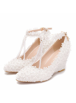 8 cm Pointed Wedge Lace Beaded Wedding Shoes