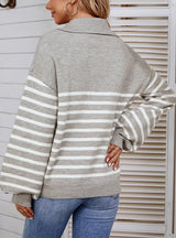 Color Matching Striped Lantern Sleeve Sweater