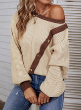 Color Button Crew Neck Pullover Lantern Sleeve Sweater